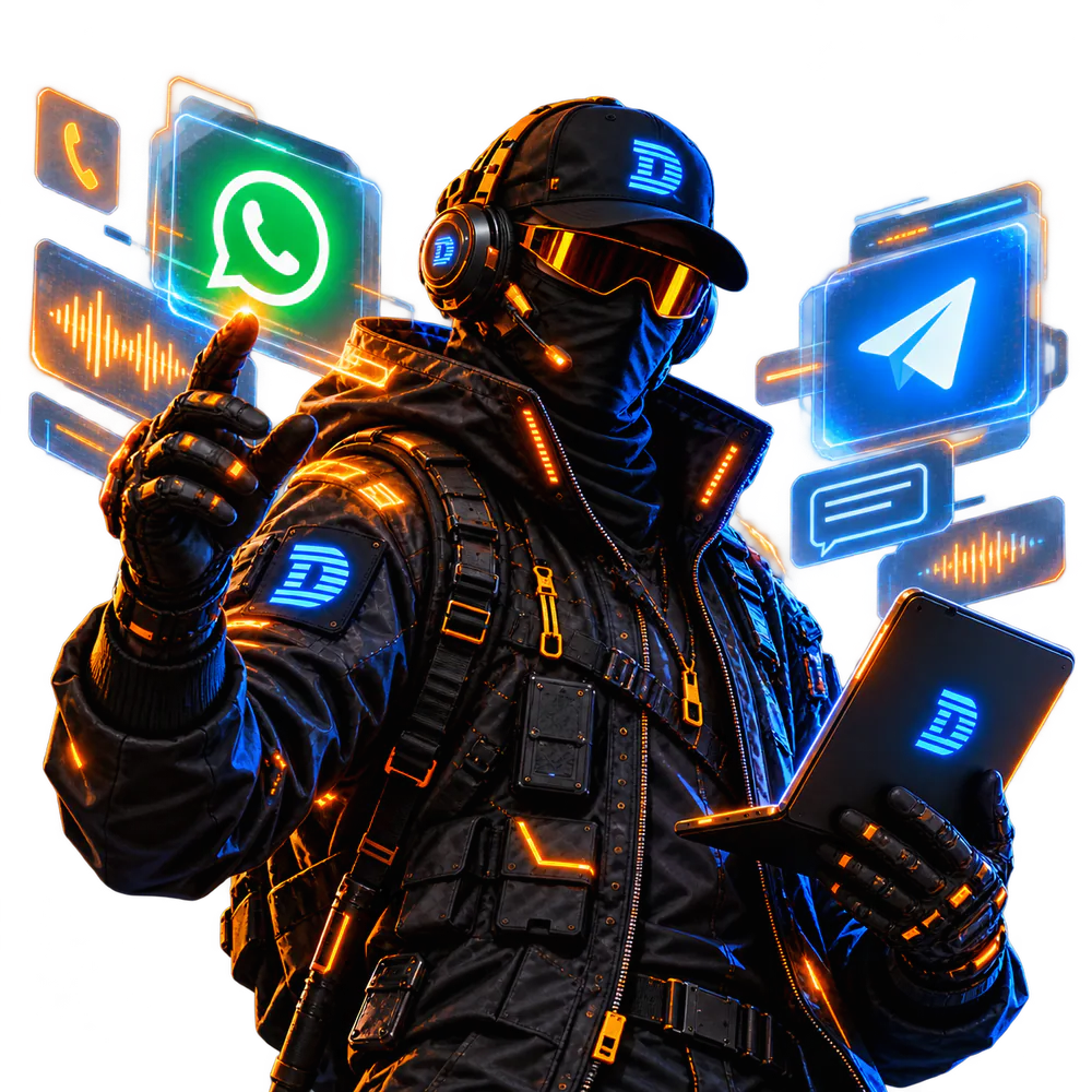 Agente de voz mascarado com headset, tocando um painel do WhatsApp enquanto segura um tablet, com Telegram, ondas de áudio e mensagens flutuando ao redor